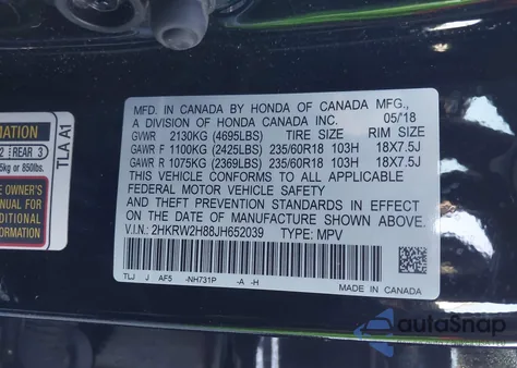 2018 Honda Cr-V Ex-L/Ex-L Navi z USA, uszkodzony, nr VIN 2HKRW2H88J8652039